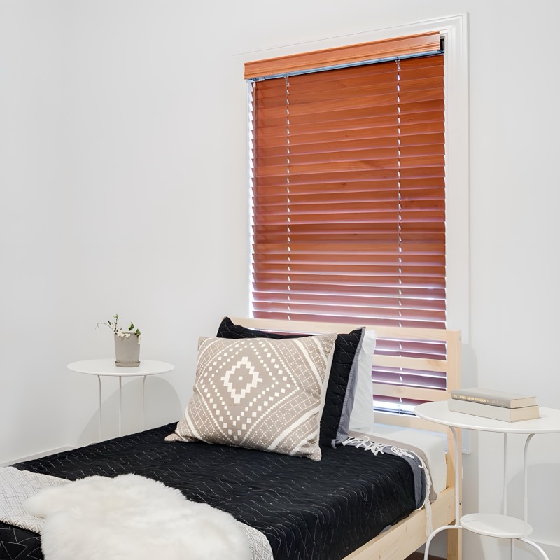 Faux wood blinds in a bright living room
