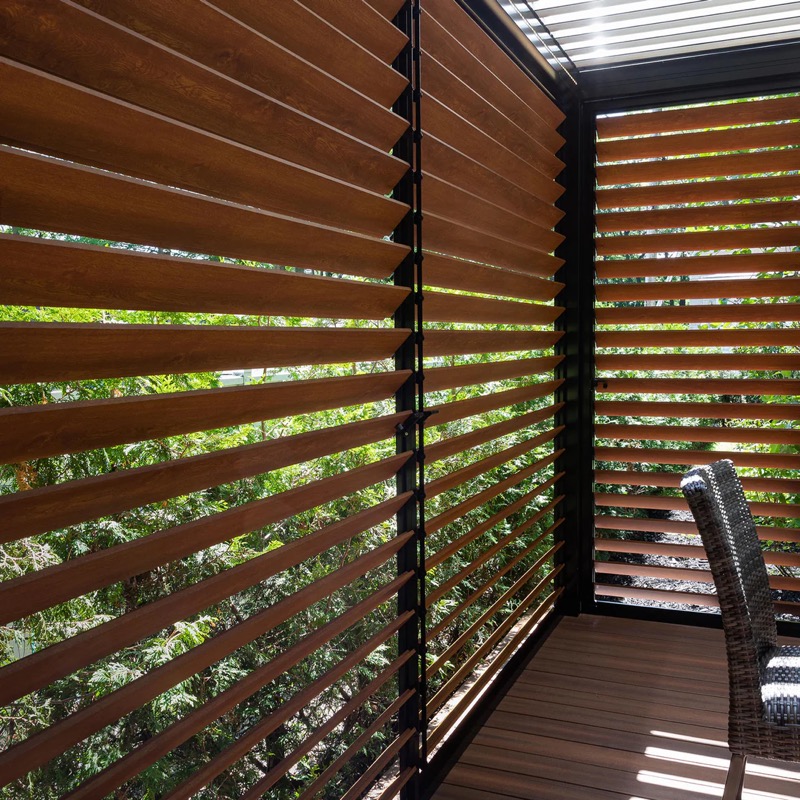 Outdoor shutters providing privacy and weather protection