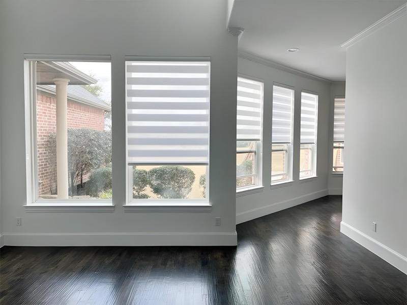 Zebra blinds with alternating sheer and opaque stripes